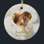 Romantic Faded White Roses Heart Photo Wedding Ceramic Tree Decoration<br><div class="desc">Celebrate your love with this elegant wedding ornament featuring a dreamy white rose photo by Destei, faded for a timeless, romantic backdrop. A heart-shaped photo template lets you showcase a favourite picture of the couple with personalizable text areas underneath for names and wedding date. A beautiful keepsake for newlyweds or...</div>