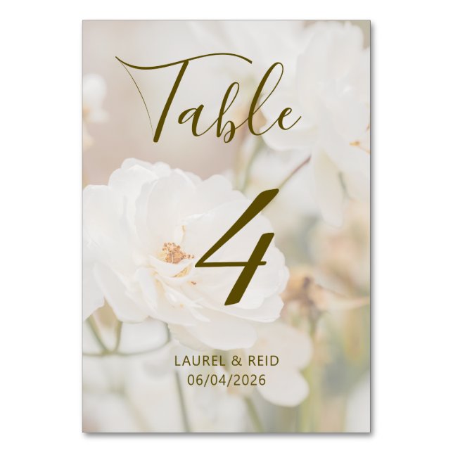 Romantic Faded White Roses Photo Custom Wedding Table Number (Front)