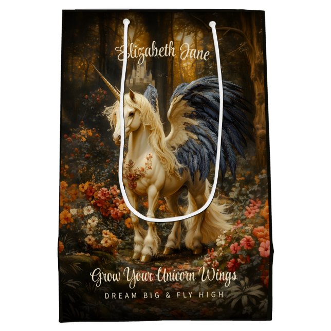 Romantic Fairy Tale Forest Unicorn With Wings Medium Gift Bag (Back)