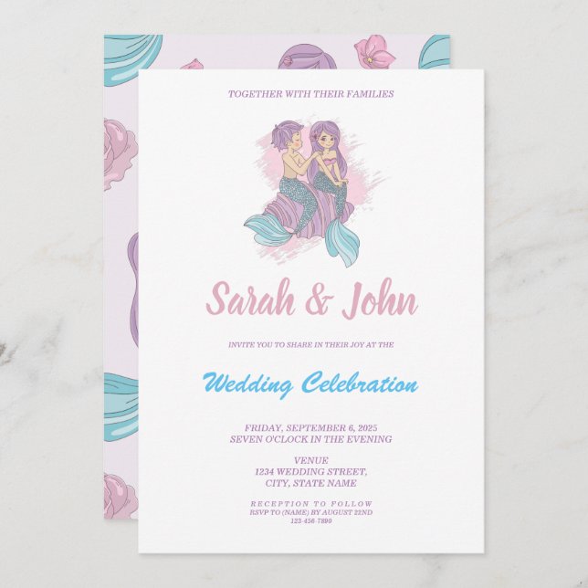 Romantic Fairy Tale Mermaid Wedding Invitation (Front/Back)