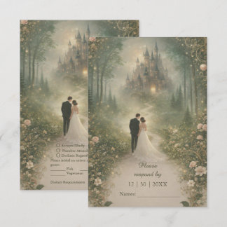 Romantic Fairytale Castle Forest Path Wedding RSVP Card