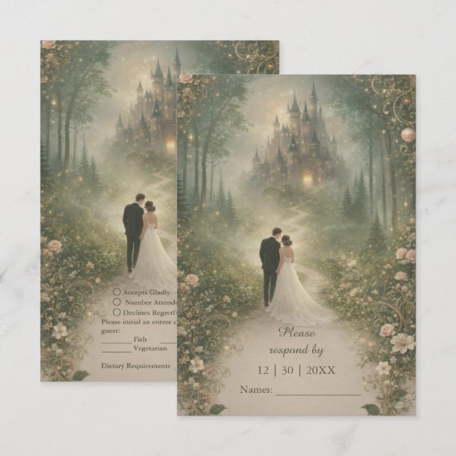 Romantic Fairytale Castle Forest Path Wedding RSVP Card (Front/Back)