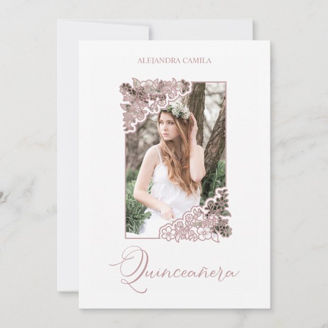 Romantic Fake Rose Gold Floral Frame Photo XV años Invitation (Front)