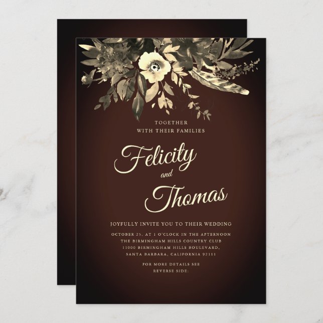 Romantic Fall Floral Aged Brown QR Code Wedding Invitation (Front/Back)