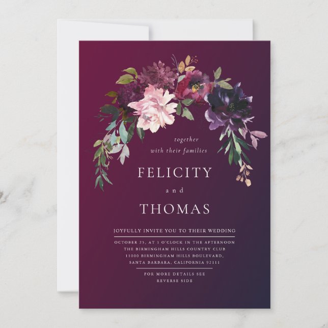 Romantic Fall Floral Burgundy Wash QR Code Wedding Invitation (Front)