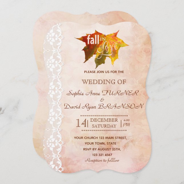 Romantic Fall in Love Lace Old Paper Wedding Invitation (Front/Back)