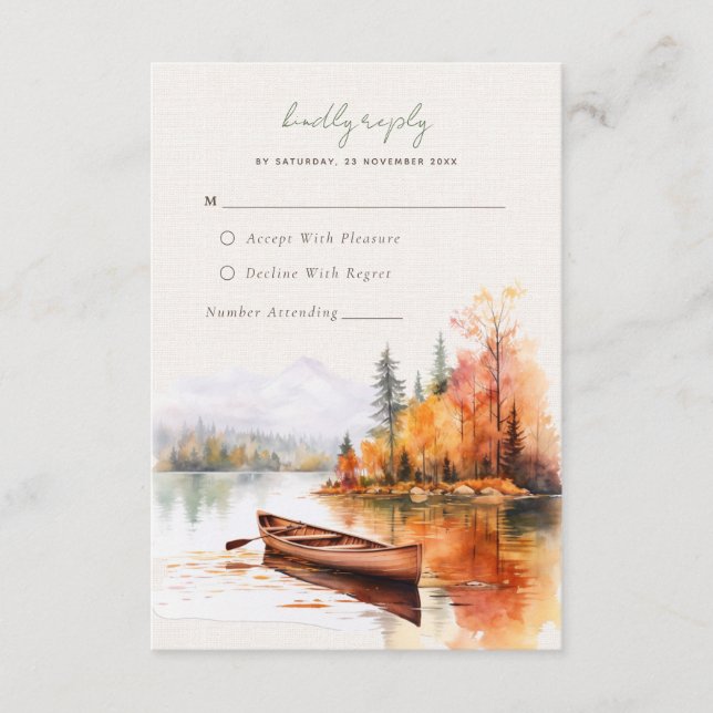 Romantic fall lake with boat Wedding RSVP Card (Front)