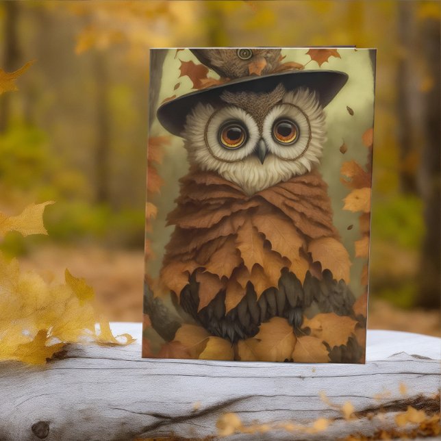 Romantic Fall Owl Poem Autumn Anniversary Woodland Holiday Card (Adorable Fall Owl in leaves greeting card for Autumn Anniversary or Romantic Halloween)