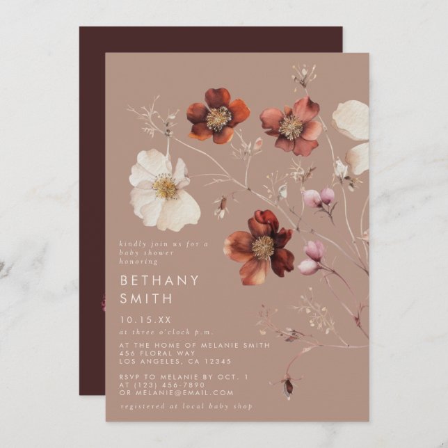 Romantic Fall Taupe Wildflower Baby Shower Invitation (Front/Back)