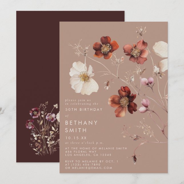 Romantic Fall Taupe Wildflower Birthday Party Invitation (Front/Back)