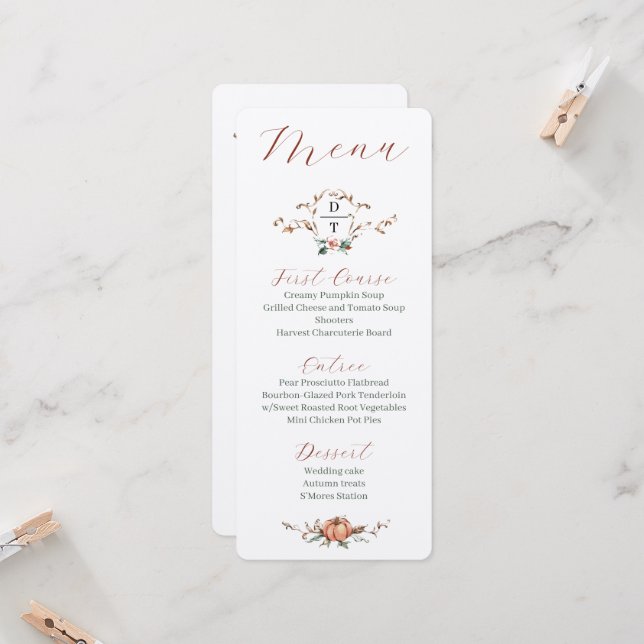 Romantic Fall Wedding Menu w/orange and blues Invitation (Front/Back In Situ)