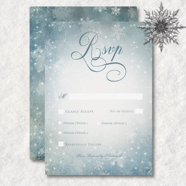 Romantic Falling Snow Blue & White Sparkle Dinner RSVP Card (Romantic Falling Snow Blue & White Sparkle Dinner RSVP Card)