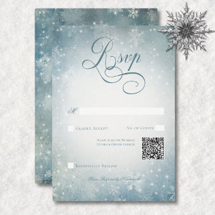 Romantic Falling Snow Blue & White Sparkle QR Code RSVP Card