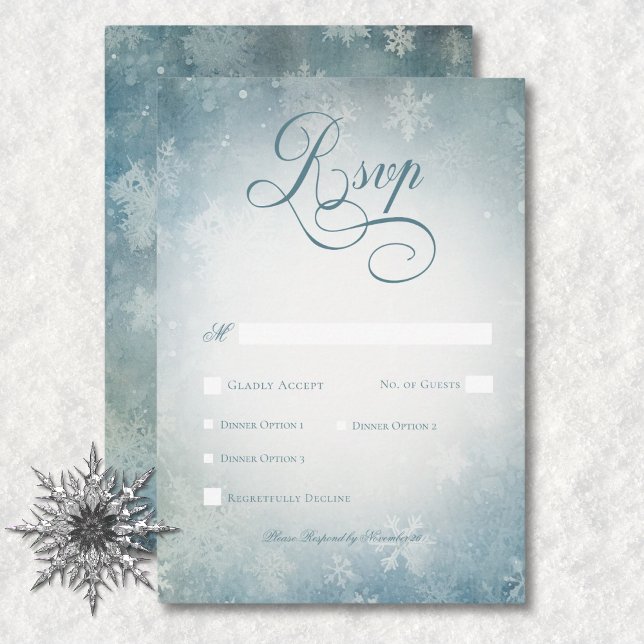 Romantic Falling Snow Blue & White Wedding Dinner RSVP Card (Romantic Falling Snow Blue & White Wedding Dinner RSVP Card)