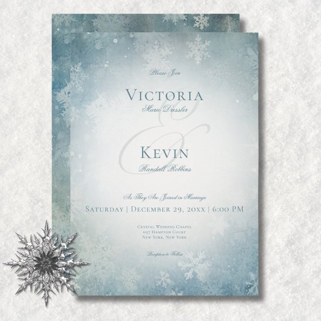 Romantic Falling Snow Blue & White Wedding Invitation (Romantic Falling Snow Blue & White Wedding Invitation)