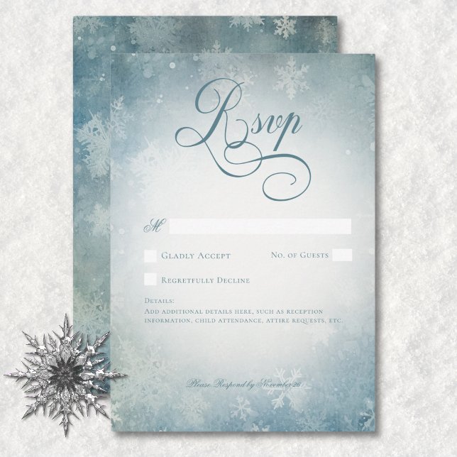 Romantic Falling Snow Blue White Wedding No Dinner RSVP Card (Romantic Falling Snow Blue White Wedding No Dinner RSVP Card)