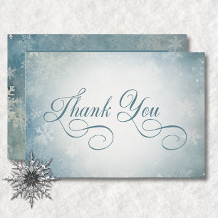 Romantic Falling Snow Blue White Wedding Reception Thank You Card