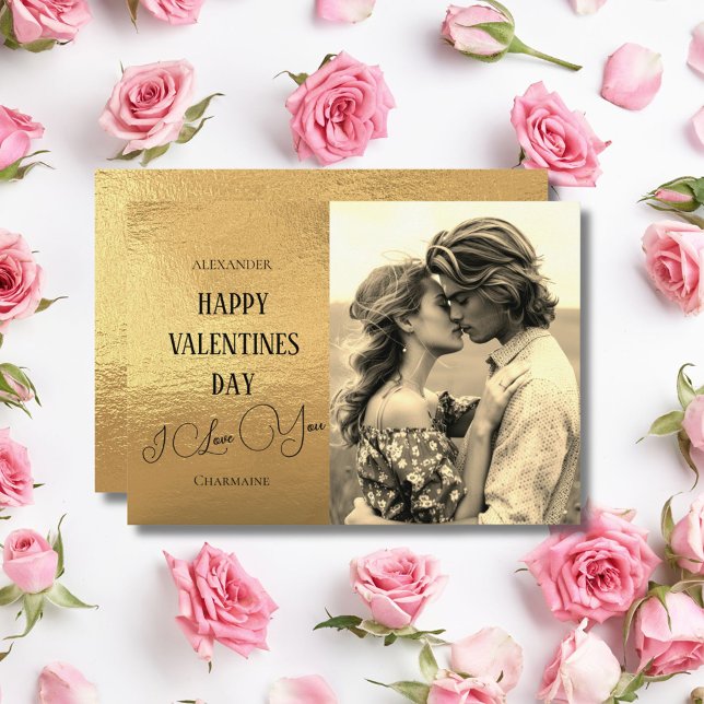 Romantic Faux Gold Foil Couple Photo Valentines Holiday Card (Creator Uploaded)