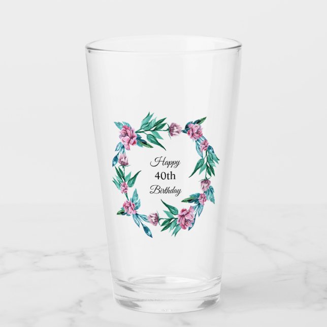Romantic Feminine Floral 40th Birthday Glass (Front)
