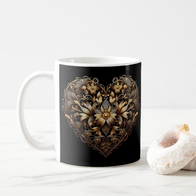 Romantic filigree gold heart. Valentines Day Love Coffee Mug (With Donut)