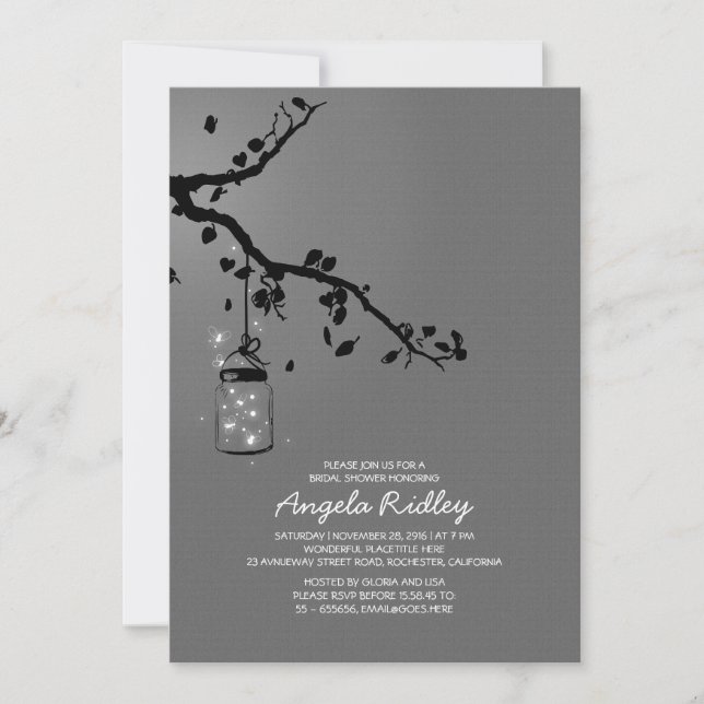 Romantic fireflies mason jar bridal shower invitation (Front)