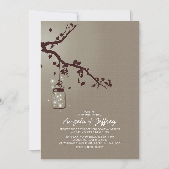 Romantic fireflies mason jar wedding invitation (Front)