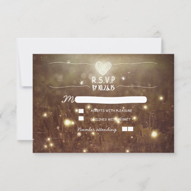 Romantic fireflies rustic lights wedding RSVP Card (Front)