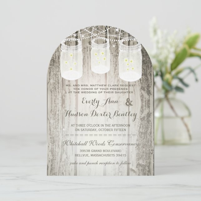 Romantic Firefly Mason Jar Wedding Invitation (Standing Front)