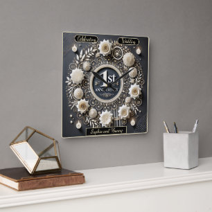 Romantic First Anniversary Wreath Design Square Wall Clock
