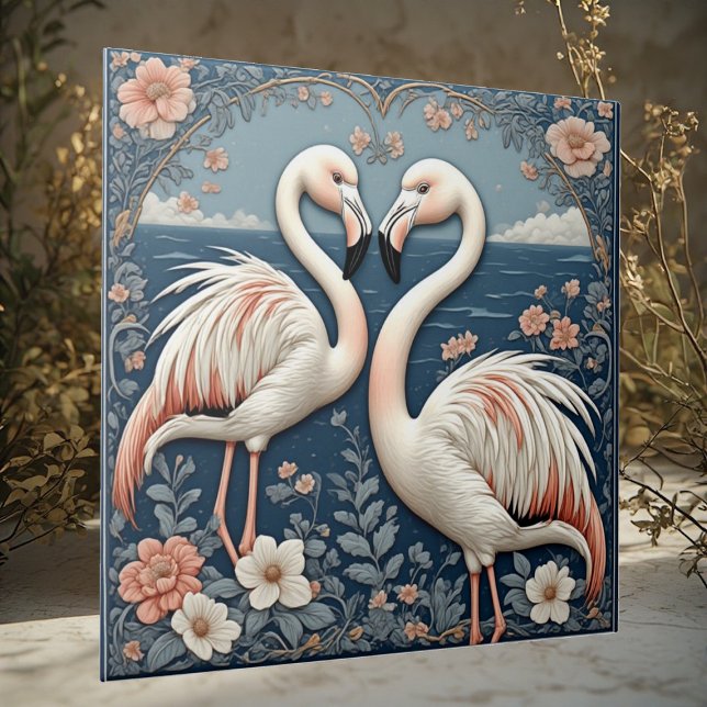 Romantic Flamingo Couple Art Deco Blue Pond Floral Tile (Romantic Flamingo Couple Art Deco Blue Pond Floral Ceramic Tile)