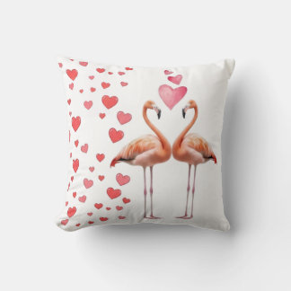 Romantic Flamingo Couple with Pink Heart Love Deco Cushion