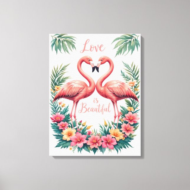 Romantic Flamingo Love Heart Illustration Canvas Print (Front)