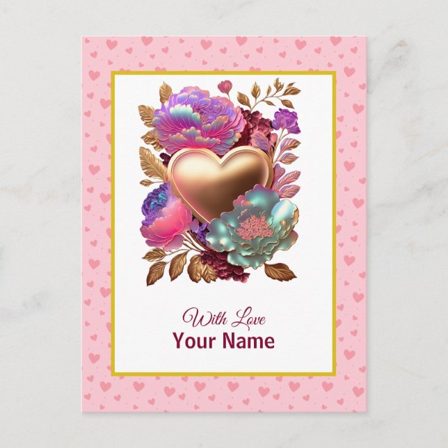 Romantic Floral and Gold Heart Postcard (Front)
