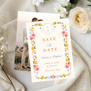 Romantic Floral Arch Monogram Crest Wedding Save The Date