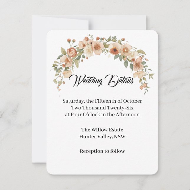 Romantic Floral Arch Wedding Details Card (Front)