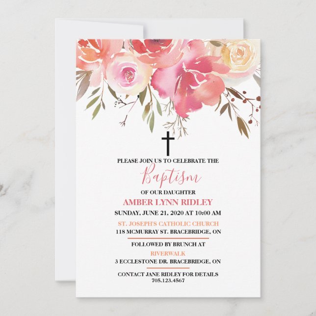 Romantic Floral Baby Baptism & Brunch Invitation (Front)