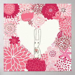 Romantic floral background with cute rabbit poster