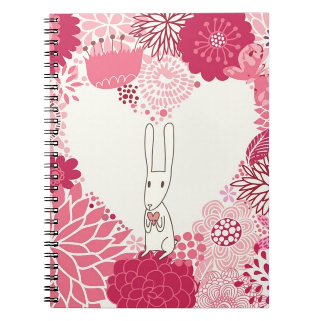 Romantic floral background with cute rabbit spiral notebook (Front)