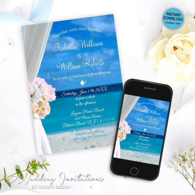 Romantic Floral Blue Ocean Beach Wedding Invitation (Creator Uploaded)