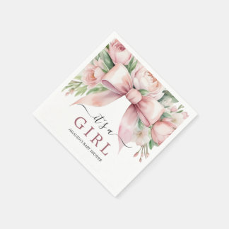 Romantic Floral Blush Pink Bow Baby Shower Napkin