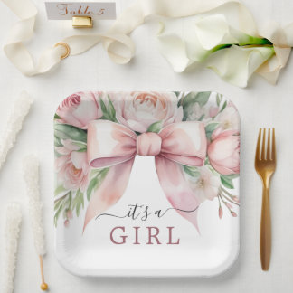 Romantic Floral Blush Pink Bow Baby Shower Paper Plate