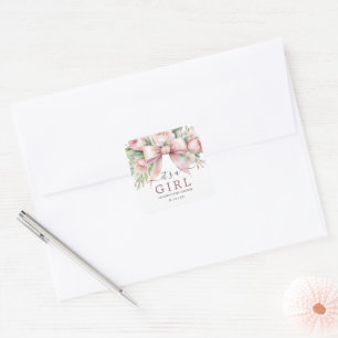 Romantic Floral Blush Pink Bow Baby Shower Square Sticker