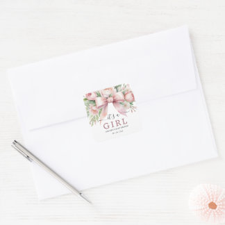 Romantic Floral Blush Pink Bow Baby Shower Square Sticker