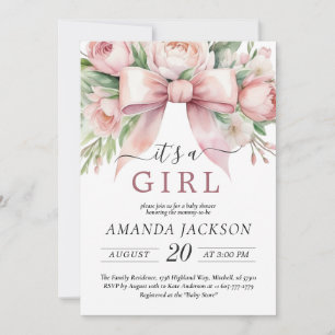 Romantic Floral Blush Pink Bow It’s A Girl Invitation
