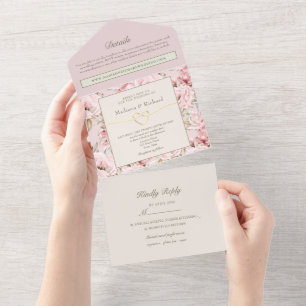 Romantic Floral Blush Pink Wedding All In One Invitation