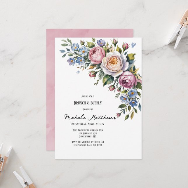 Romantic Floral Bouquet Brunch & Bubbly Invitation (Front/Back In Situ)