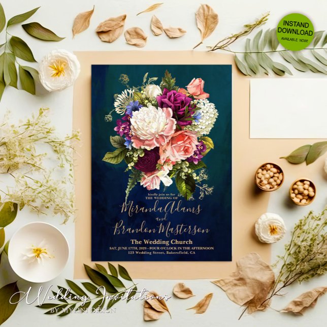 Romantic Floral Bouquet Emerald Green Gold Wedding Invitation (Creator Uploaded)