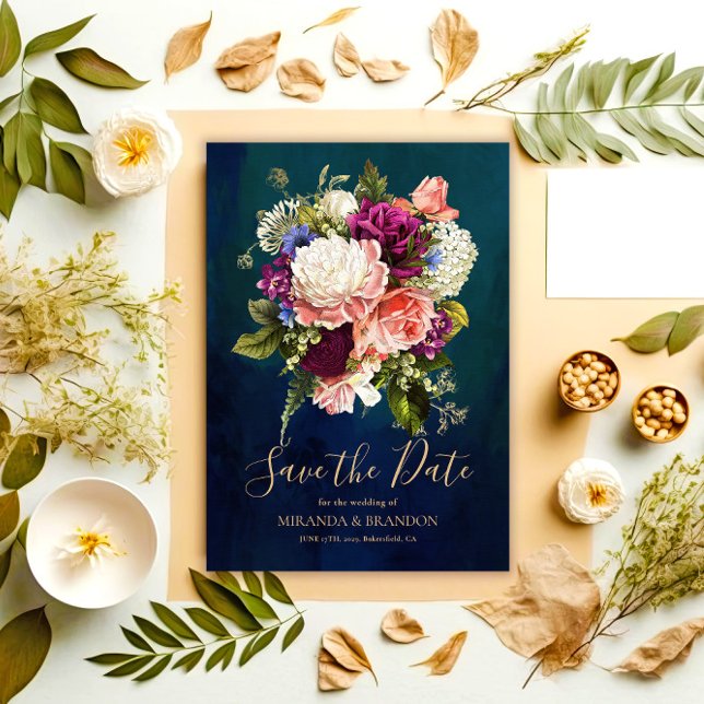 Romantic Floral Bouquet Emerald Green Gold Wedding Save The Date (Creator Uploaded)