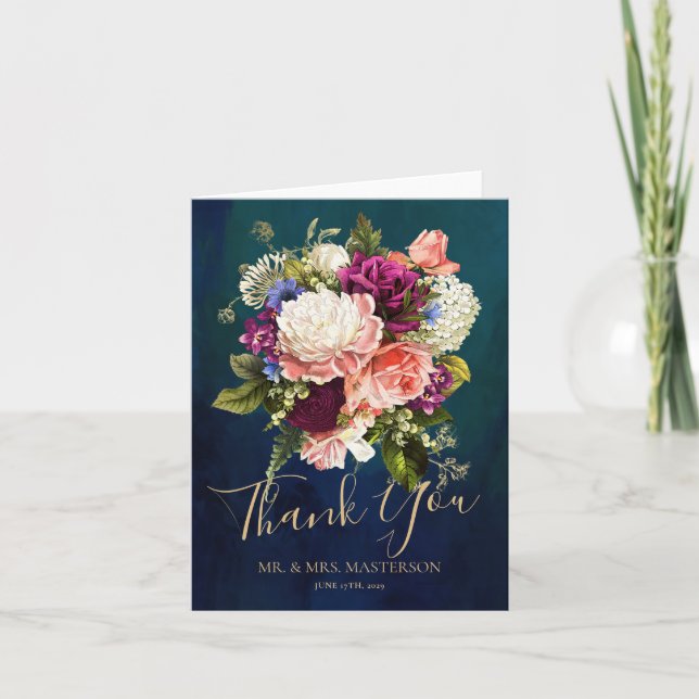 Romantic Floral Bouquet Emerald Green Gold Wedding Thank You Card (Front)