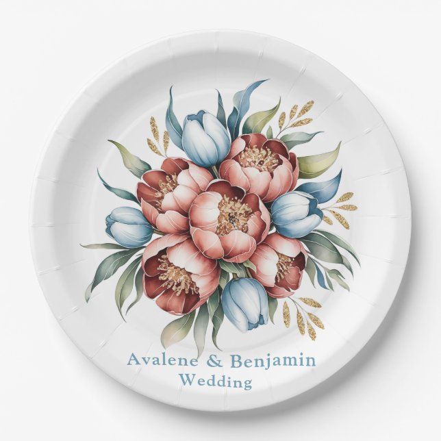 Romantic Floral Bouquet: Peonies & Tulips Wedding Paper Plate (Front)